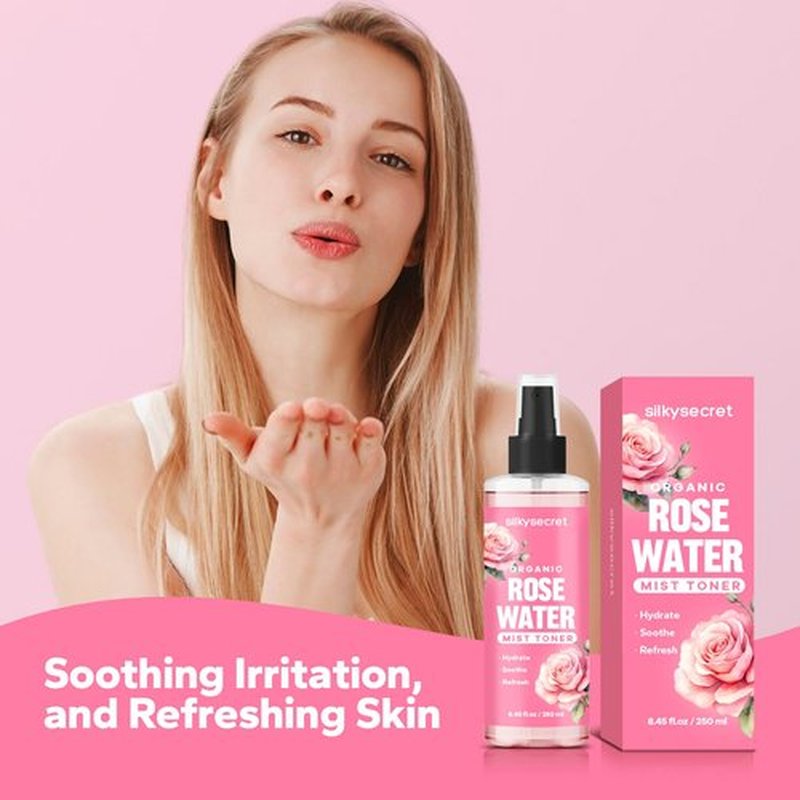 SilkySecret Organic Rose Water Spray (8.45 Fl Oz), Rosewater Spray for Face & Hair, Rose Water for Skin Care
