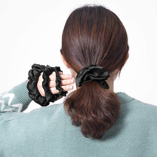 LilySilk 4Pc Silk Scrunchies Set - 100% 6A Grade Mulberry Silk Charmeuse, Large & Skinny Set, for Women's & Girls Hair, 4 Count - Black
