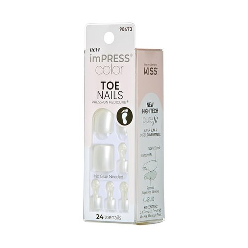 KISS Impress Color No Glue Pedi 30 Pcs Press on Toenails, White Glitter Stick on Extension False Nails for Toes, Peel & Press Easy Apply, Hassle-Free Removal, Includes Manicure Stick, Prep Pad & File