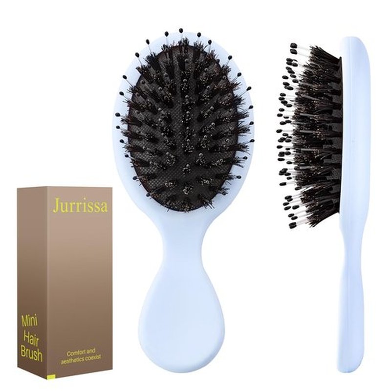 Jurrissa Mini Boar Bristles Hair Bursh, Travel Size Hair Brush for Women Men Kids, Protable Small Hair Brushes for Pockets Purses, Mini Hair Brush for Smooth Add Shine (1 Pack-Blue)