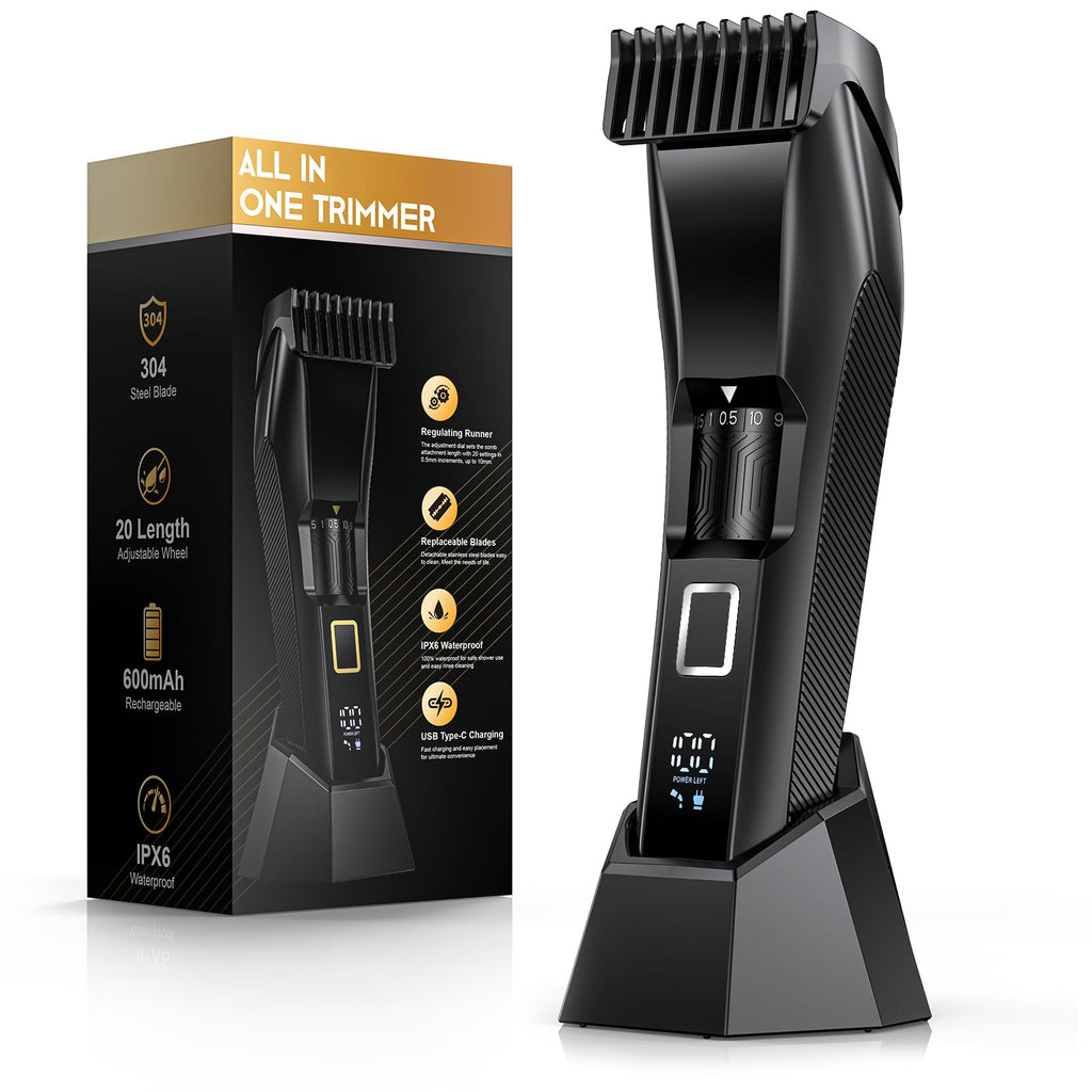NAUQUOHZ Men's Beard Trimmer-All-in-One Mustache Trimmer with 20 Length Adjustable, Stainless Steel T-Blade for Precision Facial Hair Trimming Cordless IPX7 Waterproof Wet/Dry Clipper,LED Display