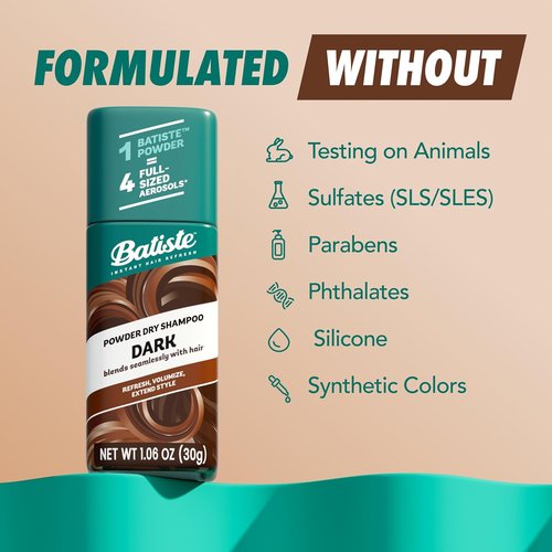 Batiste Dry Shampoo Powder - Oil-Absorbing Formula for Dark Hair | Instant Refresh, TSA Compliant (1.06 oz)