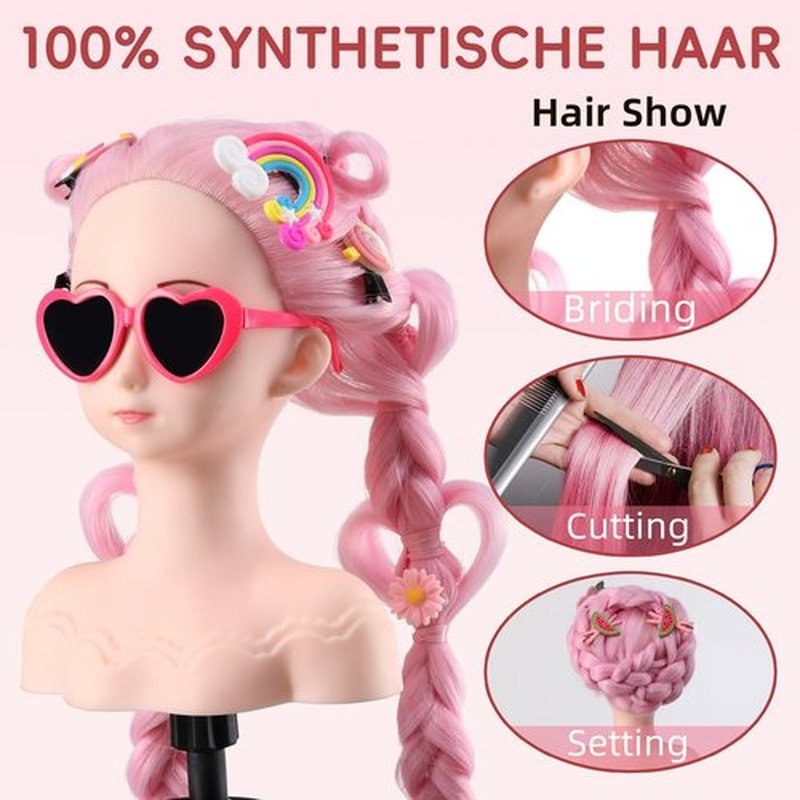 Anstar Mannequin Head with Hair, Doll Head for Hair Styling Training Head Manikin Practice Cosmetology Styling Hairdressing Training Braiding Heads with Clamp Holder (Pink)