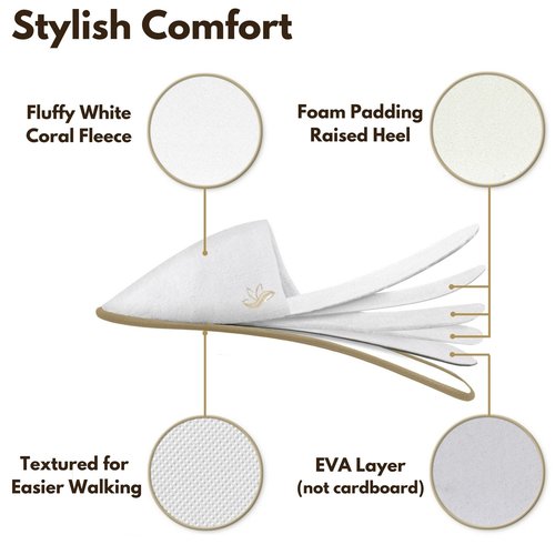 BERGMAN KELLY Spa Slippers, Closed Toe (Large, 12 Pairs, White + Cocoa Trim), Disposable Indoor Hotel Slippers for Men and Women, Fluffy Coral Fleece, Deluxe Padded Sole for Extra Comfort