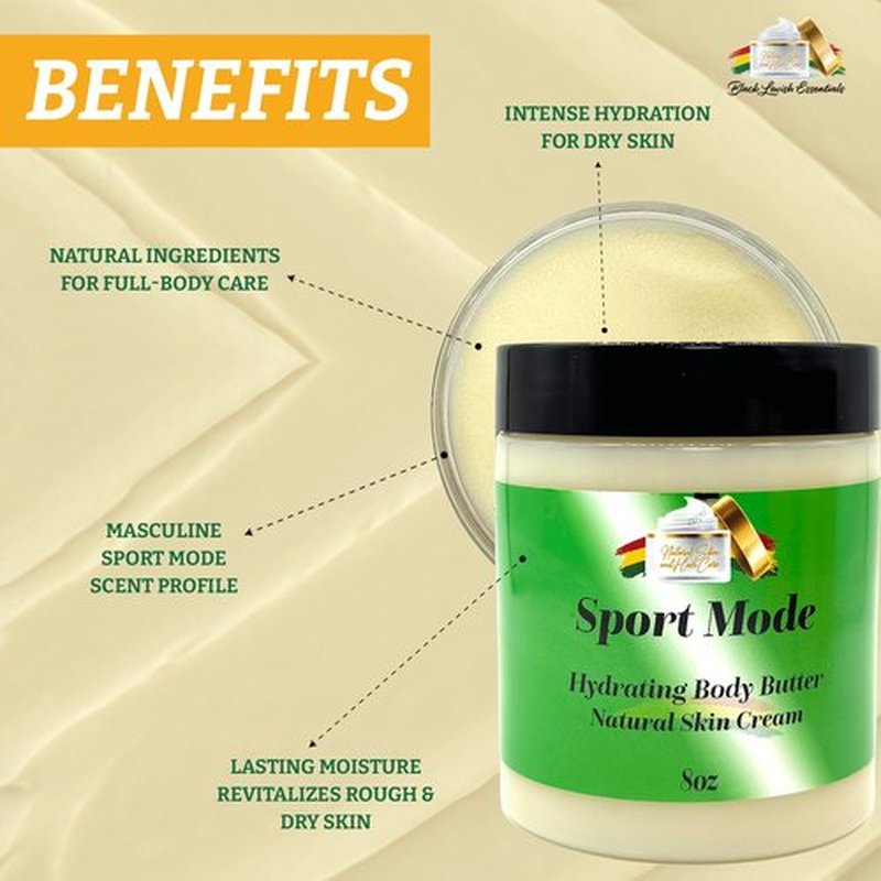 Black Lavish Essentials Ultra-Soft Shea Body Butter, Dry Skin Cream for Radiant Moisturized Skin, Natural Hydrating Body Lotion with Aloe Vera, Argan Oil, Rosehip Oil, (Sport Mode, 8oz)