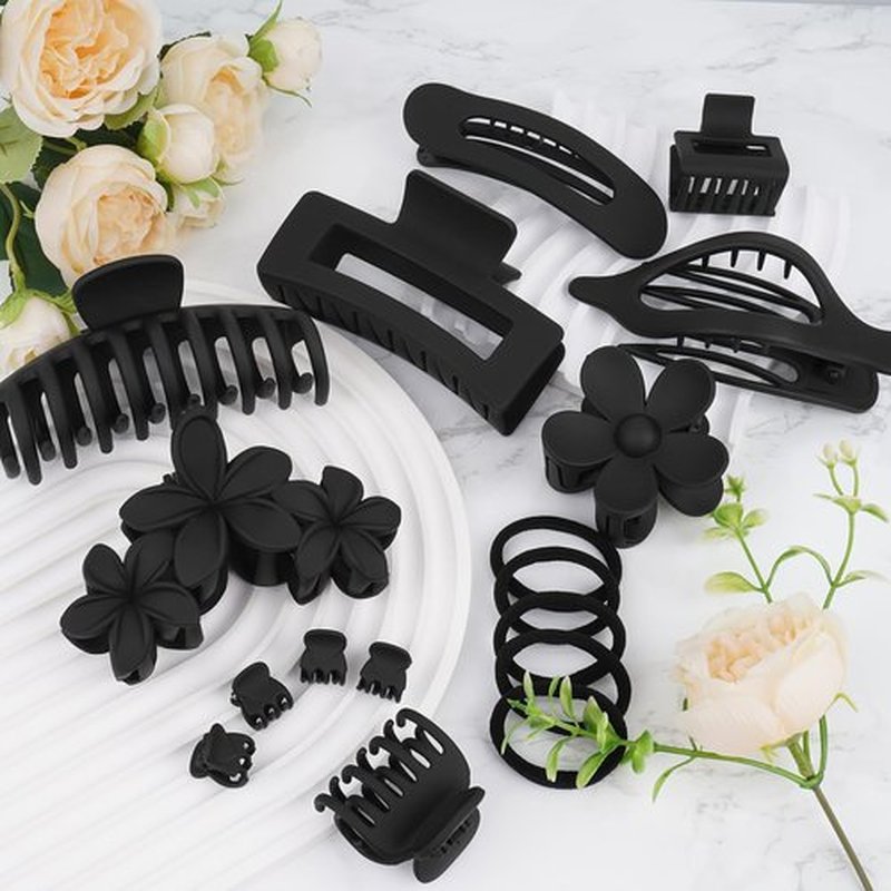 Hair Clips for Women: Non-Slip Strong Hold Jaw Claw Clips for Thin Thick Curly Hair, Classic Black Hair Claw Set Include Large, Square, Flower, Flat & Small Clips as Christmas Gift 12Pack(Set A)