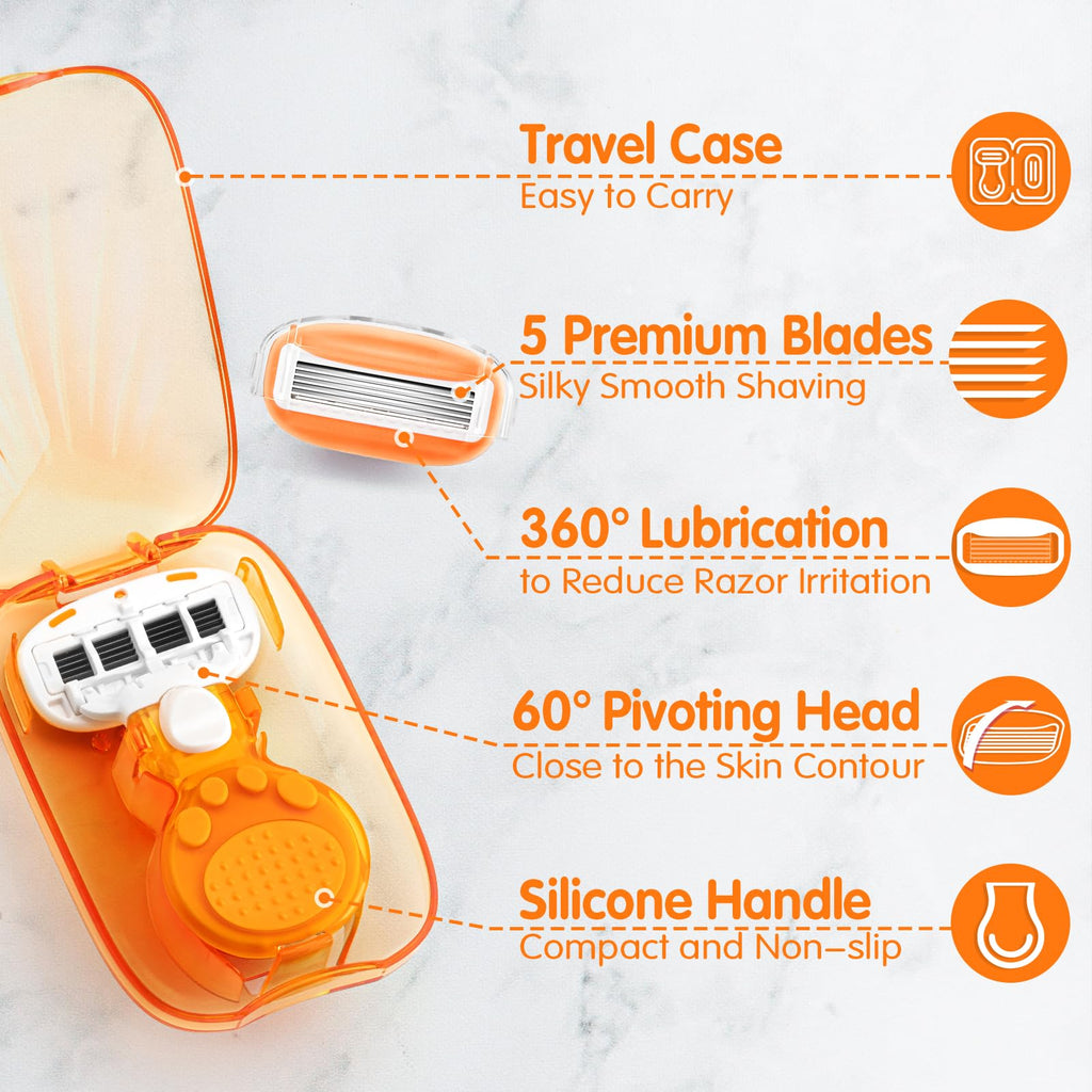 DreamGenius Travel Razors for Women Include 1 Handle 2 Cartridges, Orange