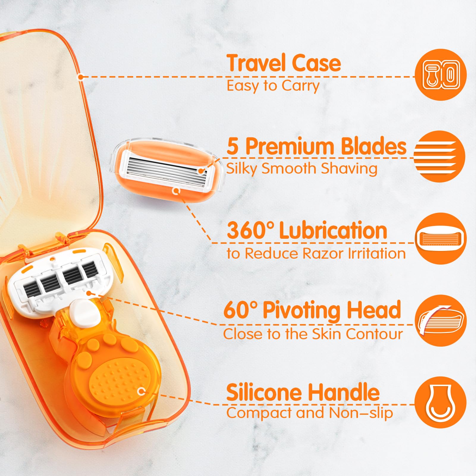 DreamGenius Travel Razors for Women Include 1 Handle 2 Cartridges, Orange