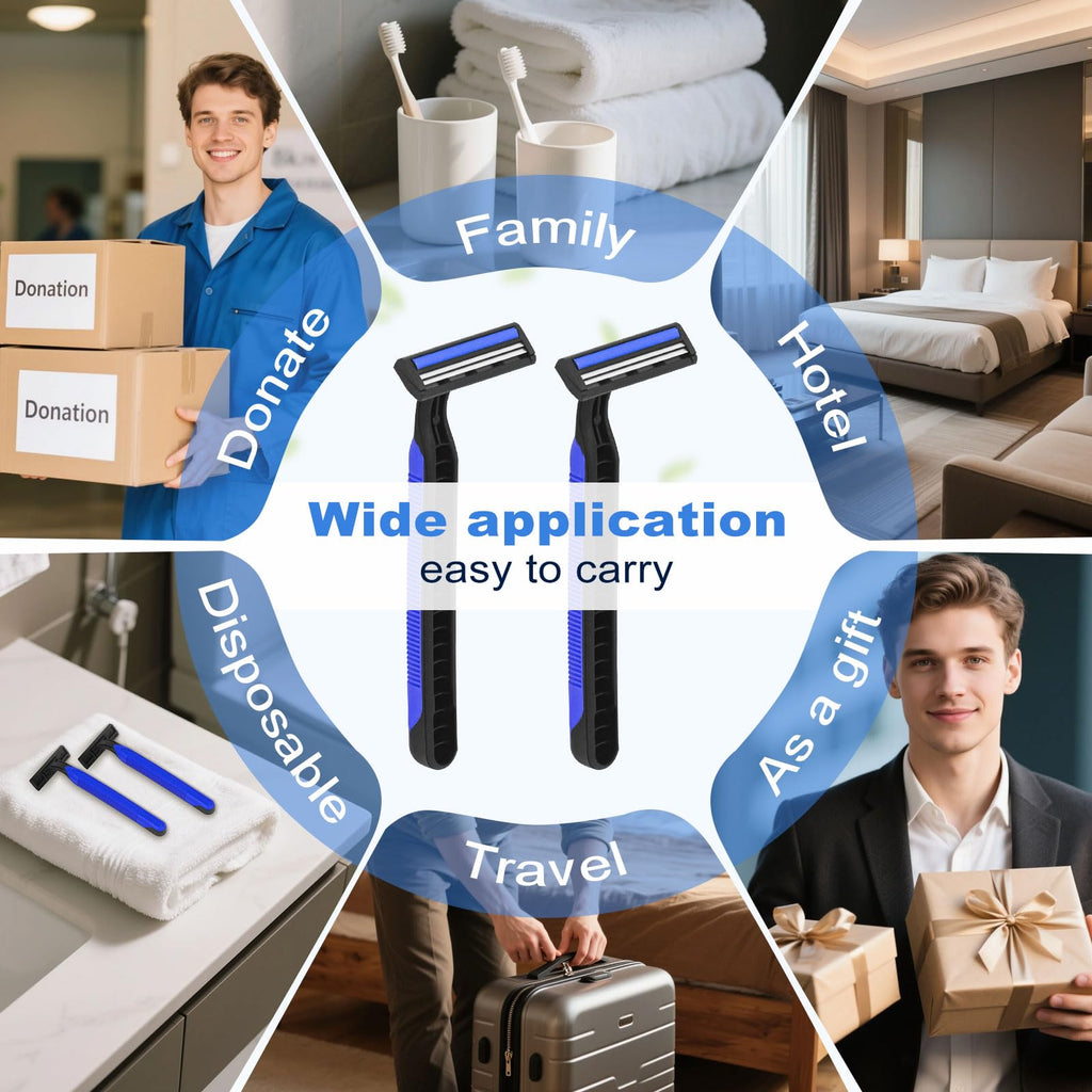 Fafortune Disposable Twin Blade Razors in Bulk, Individually Wrapped - Clear Safety Cap, For Homeless, Hotel, Airbnb, Travel (pack of 400,blue)