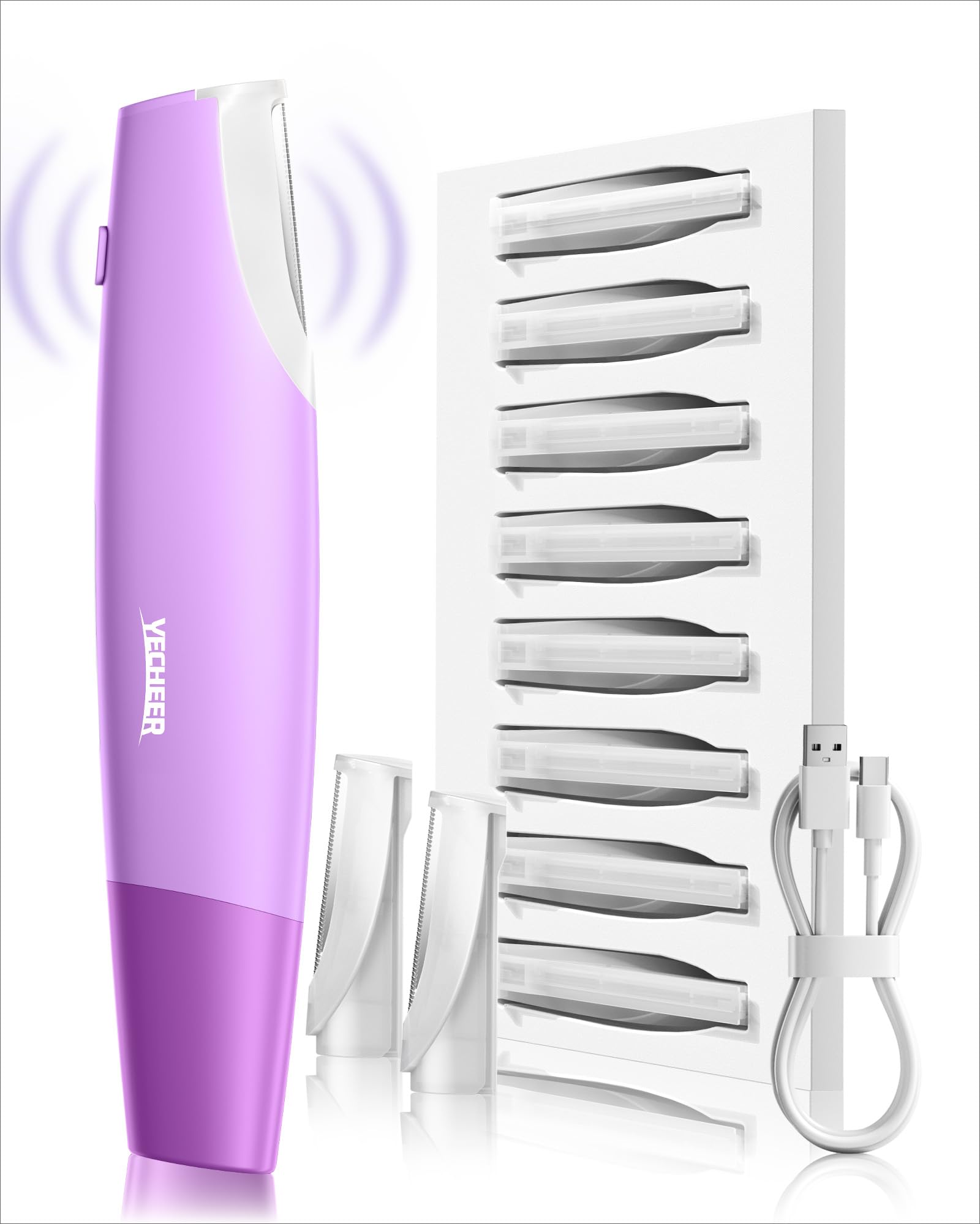 Yecheer Dermaplane Razor for Women Face, Sonic Dermaplaning Tool for Smooth & Flawless Skin, Dead Skin & Peach Fuzz Gentle Remover, Electric Facial Hair Removal with LED Light&8 Refill Blades, Purple
