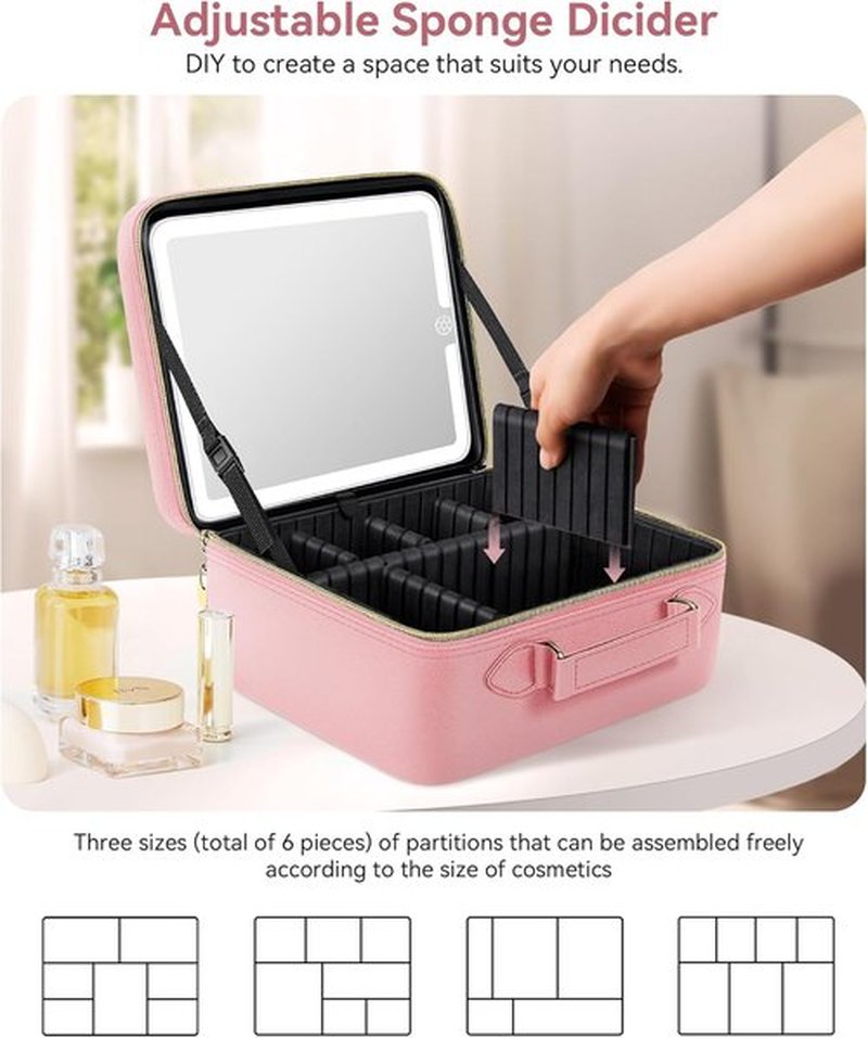 JUSRON Travel Makeup Bag - Portable Organizer with LED Mirror & Adjustable Dividers | Large Pink