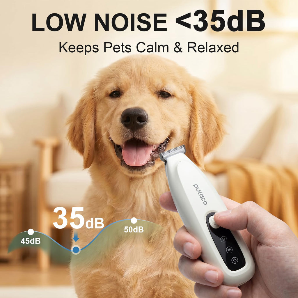 PUKACO 2026 Upgraded Dog Paw Trimmer with LED Light, Low Noise Small Pet Hair Trimmer 18mm Wide Curved Blade, 35dB Cordless Waterproof Pet Paw Grooming Clippers for Dogs, Cats, Paws, Ears, Face, Rump