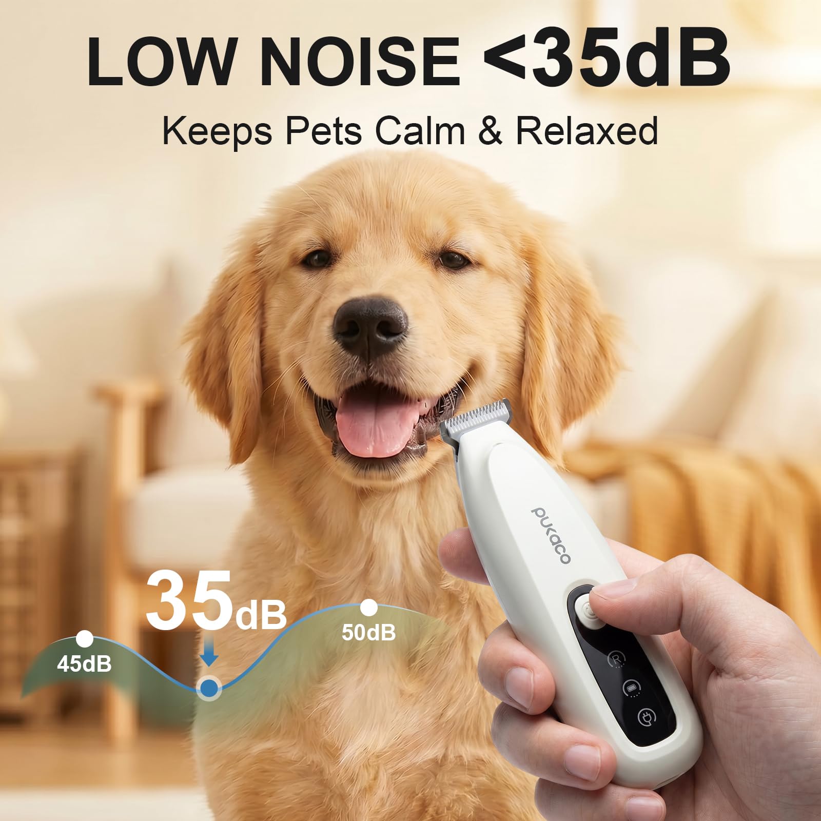 PUKACO 2026 Upgraded Dog Paw Trimmer with LED Light, Low Noise Small Pet Hair Trimmer 18mm Wide Curved Blade, 35dB Cordless Waterproof Pet Paw Grooming Clippers for Dogs, Cats, Paws, Ears, Face, Rump
