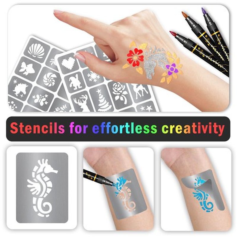 Temporary Tattoo Markers for Kids and Adults, 12 Metallic Markers and 155 Tattoo Stencil Designs, Cosmetic Tattoos Pens for Party Favor Gift and Face Painting