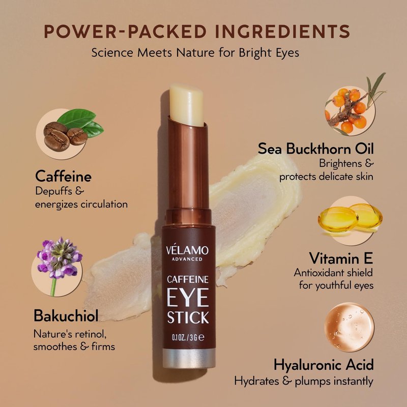 VELAMO ADVANCED Caffeine Eye Stick: Energizing & Hydrating Under Eye Balm for Dark Circles & Puffiness - Travel Essentials, Portable & Perfect for On-the-go Use, 0.1 OZ/3g