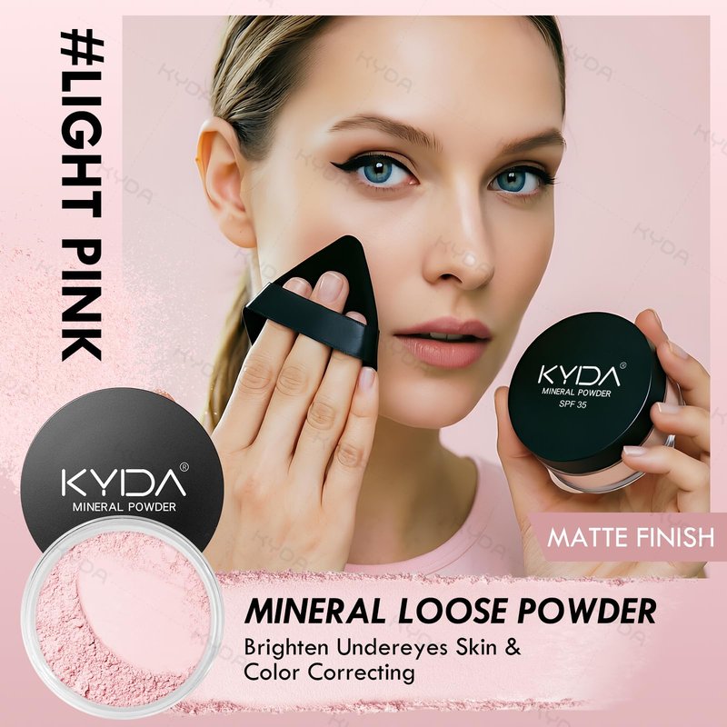 KYDA 6 Pcs Pink Mineral Under Eyes Concealer Kit, Included Eyes Concealer Cream+Loose Setting Powder, SPF 35, Eyes Color Corrector Set, Conceal Dark Circles with Brushes & Puffs