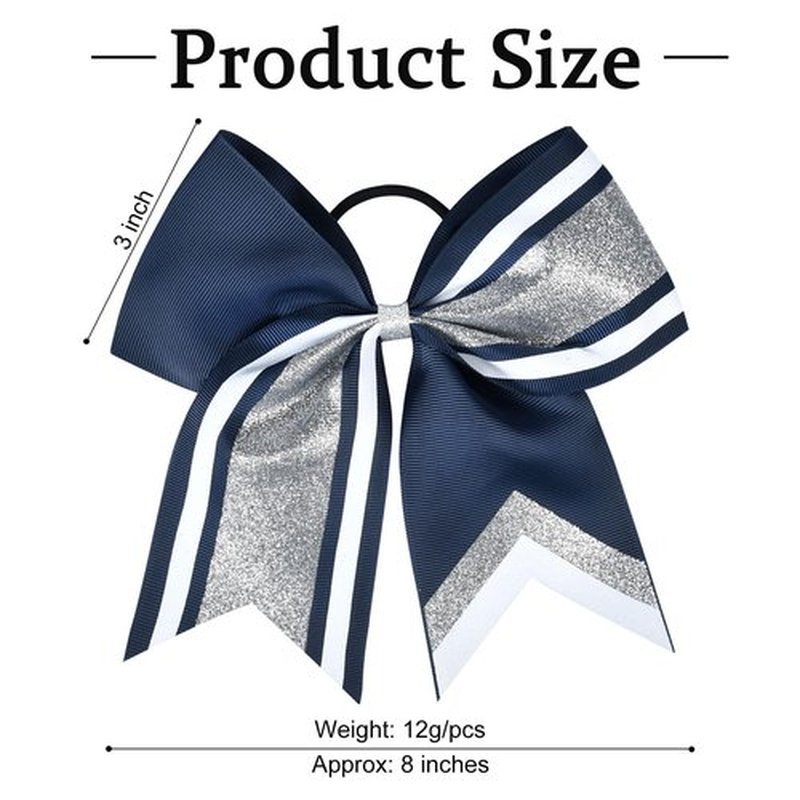 8 PCS Large Glitter Cheer Bows 8" Hair Bows Sparkly Cheerleading Softball Team Bow Hair Ponytail Holder Accessories for cheerleaders football Competition Sports- Silver Navy Blue White
