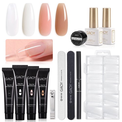 GAOY Poly Nail Extension Gel Kit of 4 Colors with Top Coat Base Coat Dual Forms and Tools Nail Enhancement All-in-One Builder Gel French Manicure Kit