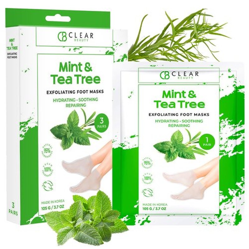 Clear Beauty Mint & Tea Tree Foot Masks Moisturizing Socks - Exfoliating, Hydrating & Revives Cracked Feet - Dermatologist Tested, Clean Beauty & Cruelty-Free Skincare - 3 Pairs