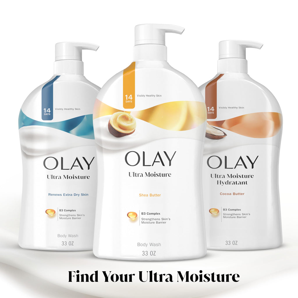 Olay Body Wash for Women, Ultra Moisture, 24hr Moisturizing, Hydrating & Refreshing, B3 Vitamin Complex, Free of Parabens & Phthalates, for All Skin Types, Shea Butter Scent, 33 fl oz