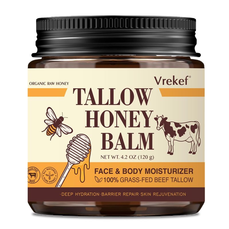 VREKEF Beef Tallow for Skin (4.2 oz)– Tallow and Honey Balm for Face & Body – Grass-Fed Tallow with Beeswax, Sea Buckthorn Oil, Shea Butter, Vitamin E – Natural Moisturizer