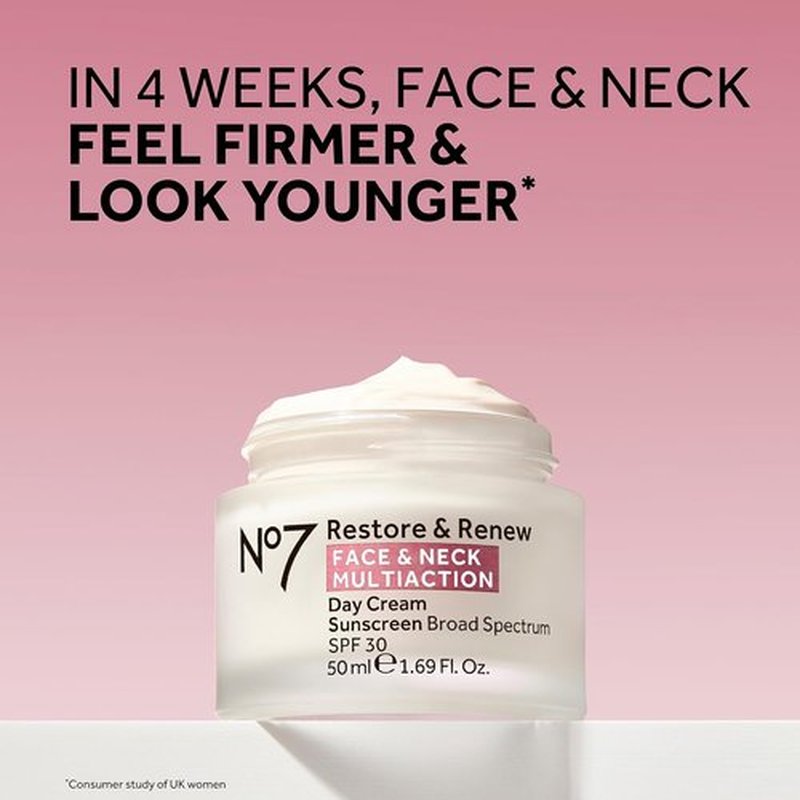 No7 Restore & Renew Multi-Action Face & Neck Cream - Anti-Aging Moisturizer with SPF 30 - Hydrates & Firms Crepey Skin - Enriched with Hyaluronic Acid, Peptides & Ceramides (1.69 Oz)