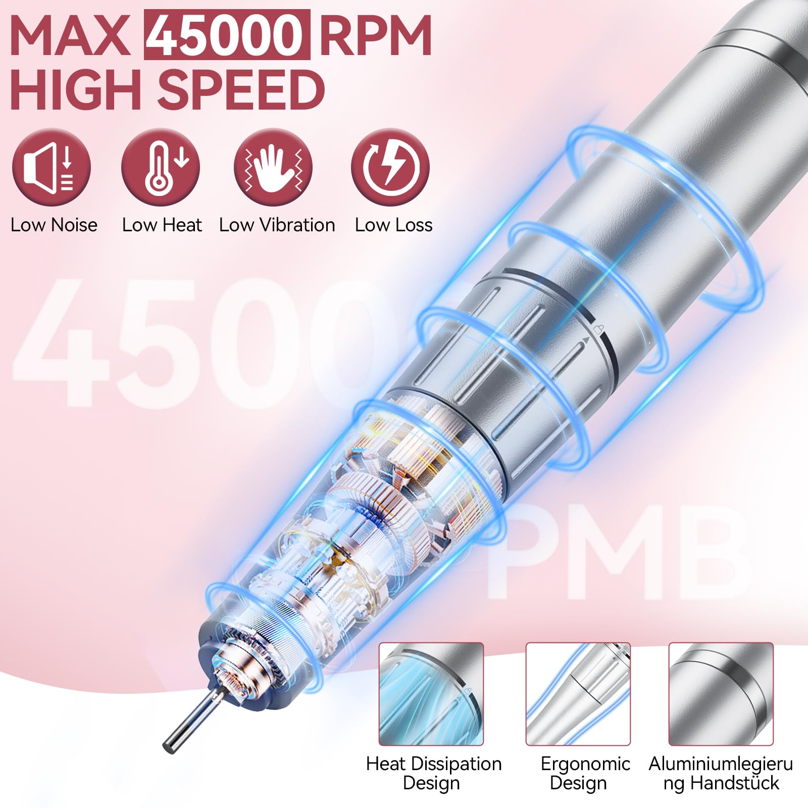 Urbuti Nail Drill, Professional 45000RPM Electric Nail File with 12 Drill Bits Remover Gel Nail Polish Acrylic Nails Manicure for Salon Home(Pink)