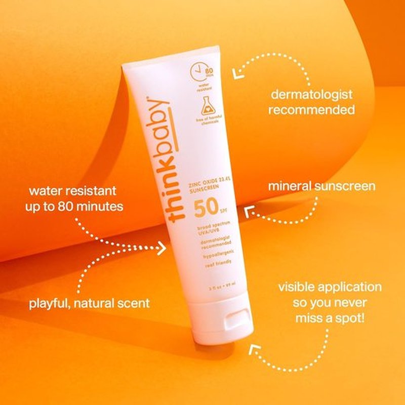 Thinkbaby SPF 50+ Baby Sunscreen - Natural Mineral Formula, Water Resistant, Broad Spectrum UVA/UVB Protection - 3 Oz.