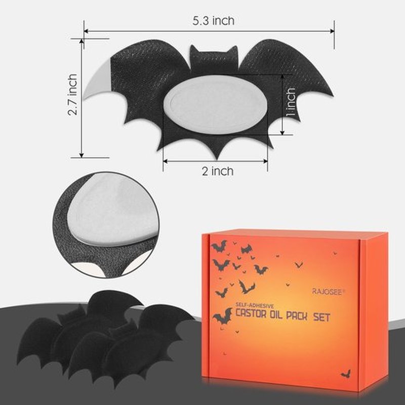 30Pcs Castor Oil Pack for Belly Button Set, Black Bat Shape Self-Adhesive Patches with 4oz Organic in Glass Bottle, Breathable Cotton Pads for Wellness