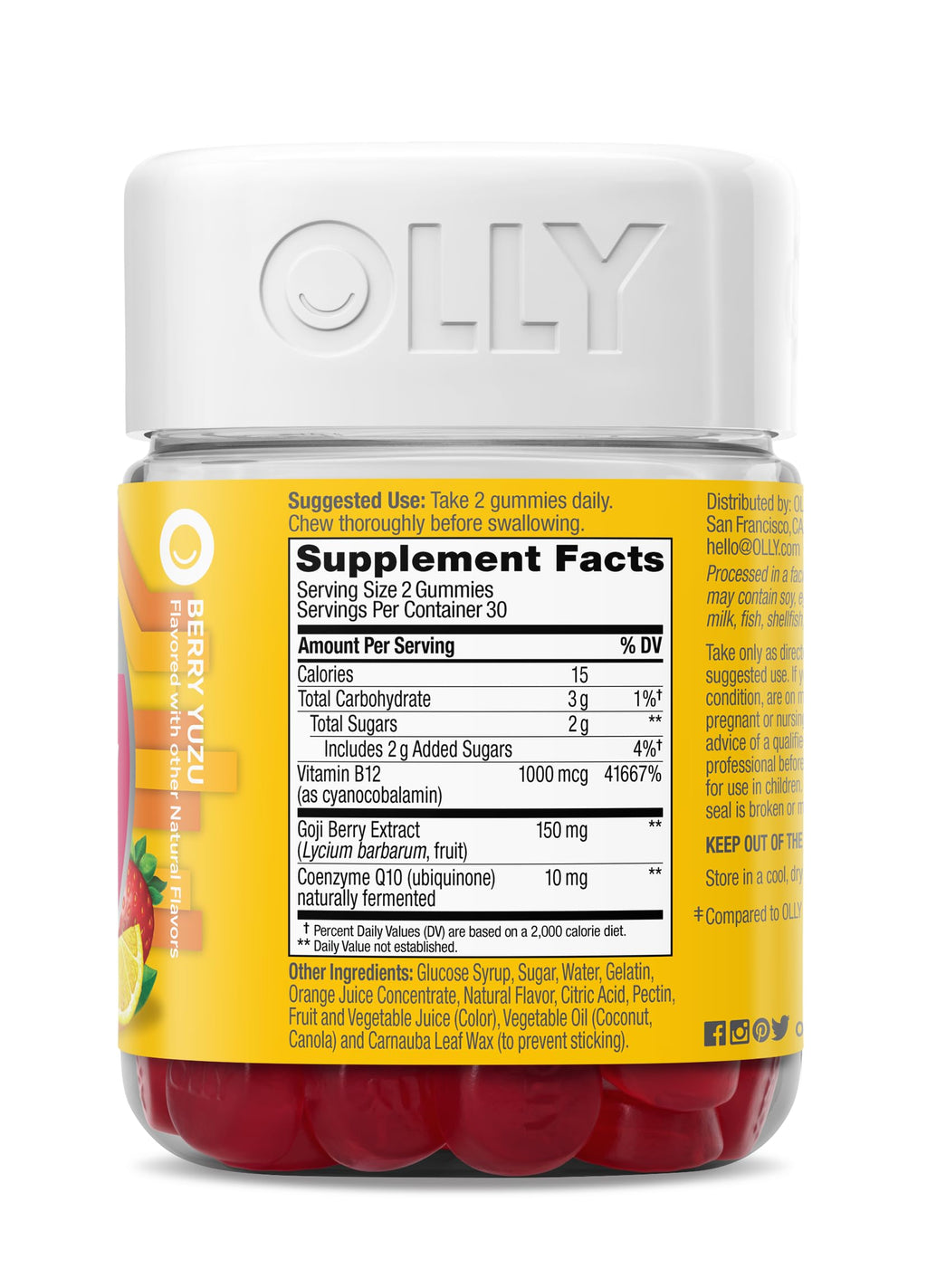 OLLY Extra Strength Daily Energy Gummy, Caffeine Free Cellular Energy Production,* 1000 mcg Vitamin B12, CoQ10, Goji Berry, Adult Chewable Supplement, Berry Yuzu Flavored, 30 Day Supply - 60 Count