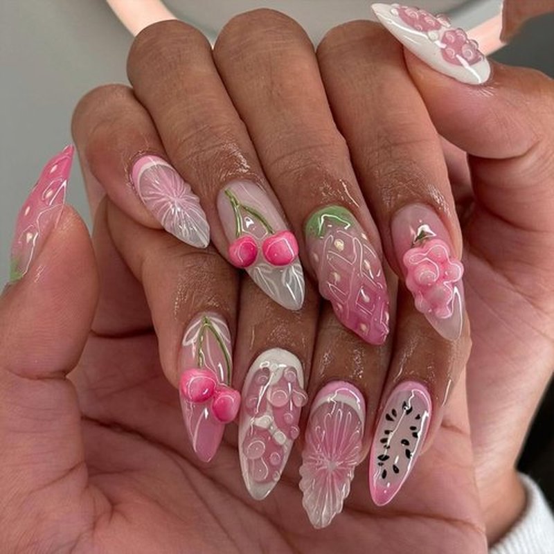 Handmade Press on Nails Pink Fake Nails with Cherry Oranges Strawberry 3D Designs 24 Pcs Medium Almonds Reusable Acrylic Nail Full Cover Stick on Nail for Summer Women No Glue WYFHDT