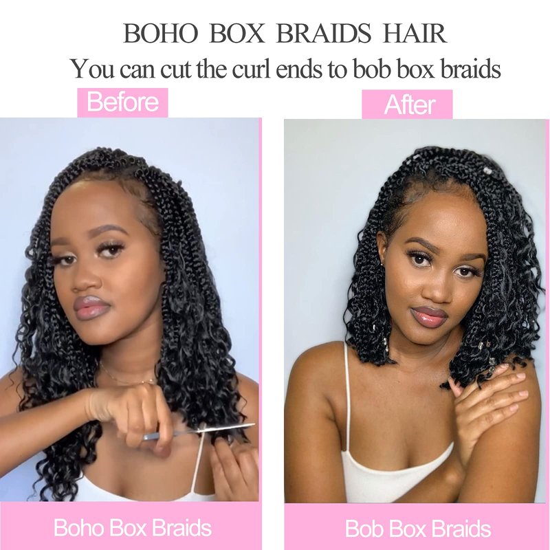 Unionbeauty 8 Packs 10 Inch Boho Box Braids Crochet Hair Goddess Box Braids Crochet Hair for Black Woman with Curly Ends Bohemian Hippie Crochet Braids Hair Synthetic Braiding Hair Extension for Kids