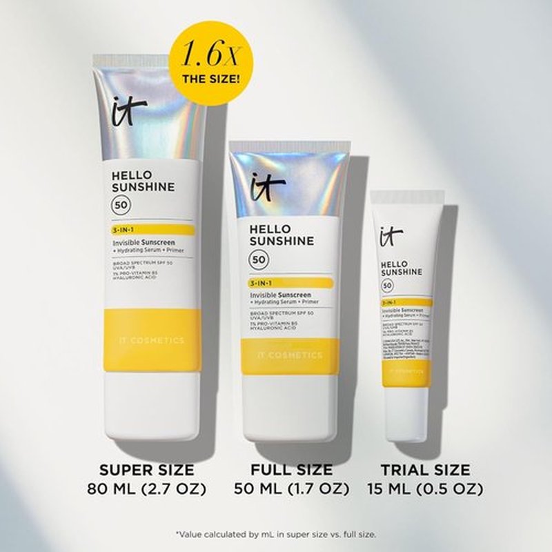 IT Cosmetics Hello Sunshine Invisible Sunscreen SPF 50 - Hydrating Serum & Makeup Primer - No White Cast, 1.7 oz