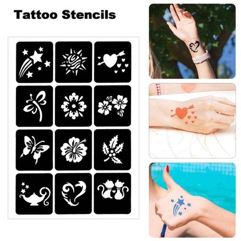 Qpout Tattoo Stencils for Kids and Adults - 16 Sheets Henna Kit With Small and Big Designs for Real Tattoos - Skeleton, Spider, Owl, Flower, Butterfly, Tribal, Totem