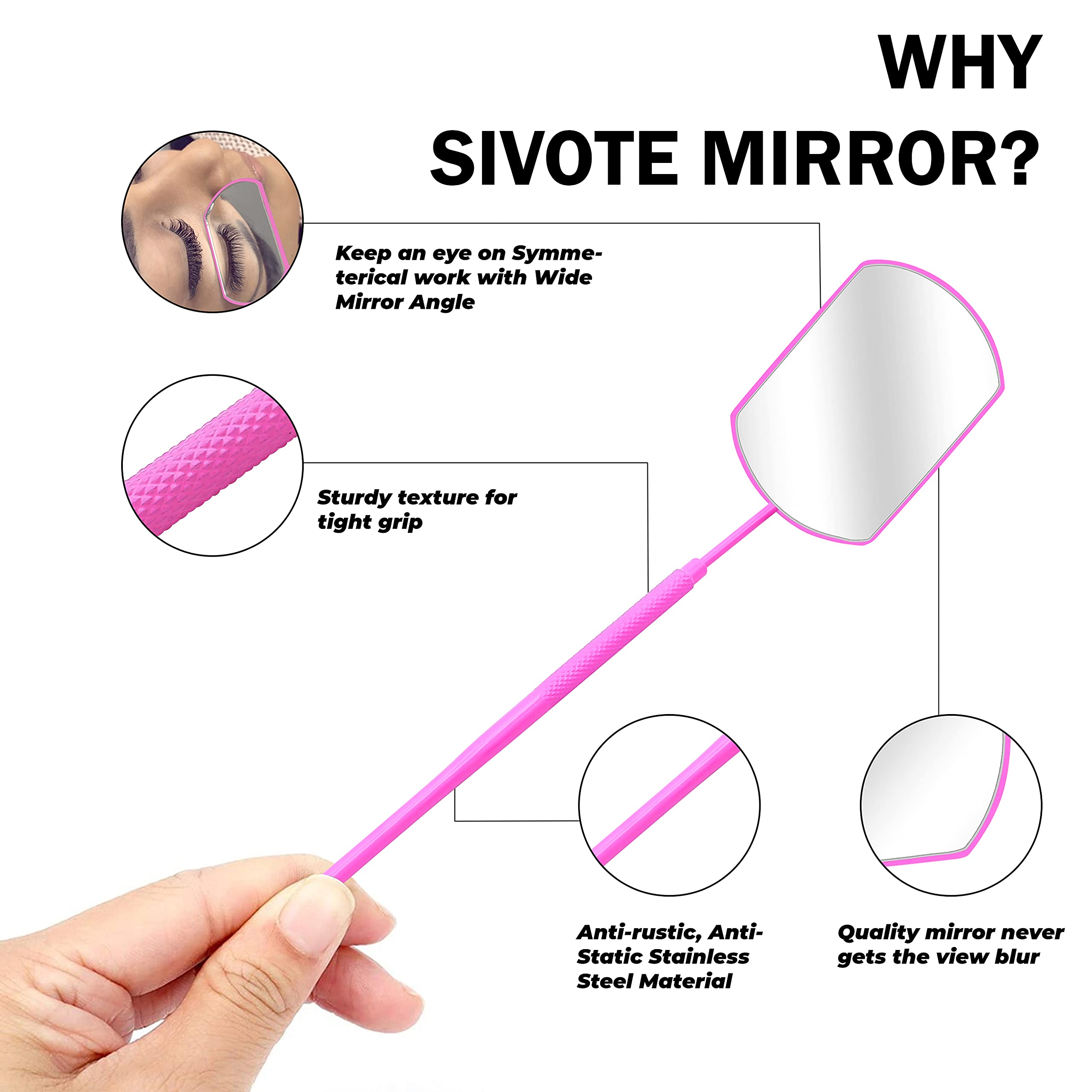 SIVOTE Lash Tool for Eyelash Extensions – Stainless Steel Beauty Mirror with Upgraded Pink Design – Professional Eyelash Accessory for Salon or Home Use (Pink)