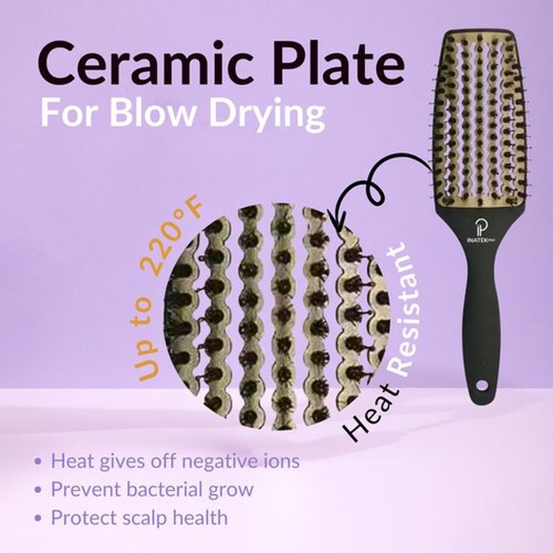 Inatekpro Curved Vented for Blow Drying - Boar Bristle Brush (Medium) with Comfortable Handle - Soft Bristle Brush for Thick and Fine Hair - Natural Boar Bristles for Women, Men & Kids - Grey