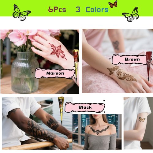 12 Sheets Temporary Tattoo Stencils Kit-Large 78 Pcs Tattoo Patterns-6 Pcs (Brown/Black/Maroon) Ink with Paint Brush for DIY Body Art-Tattoos for Women Men Kids