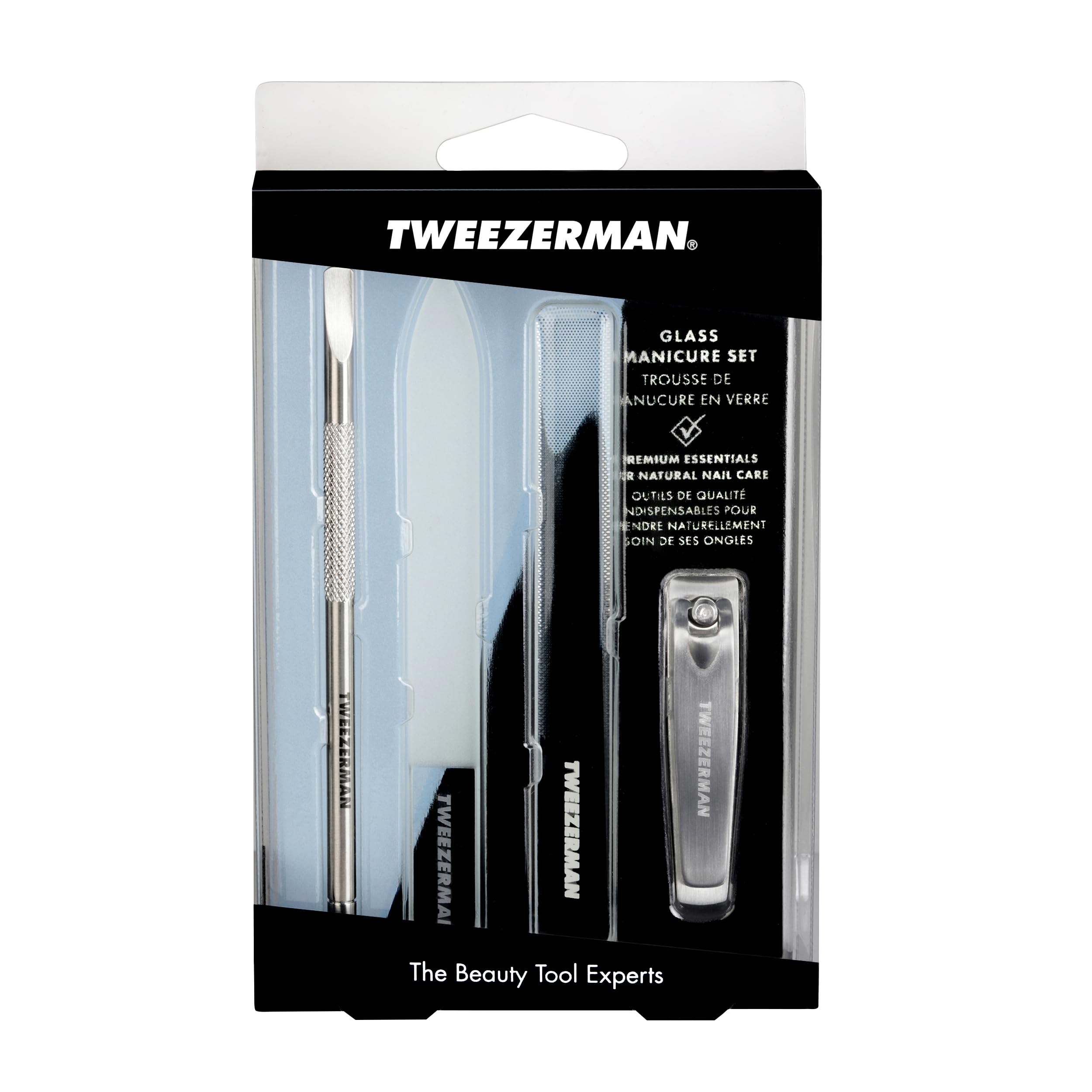 Tweezerman Glass Manicure Set-Clipper, Cuticle Pusher, Glass File, Buffer