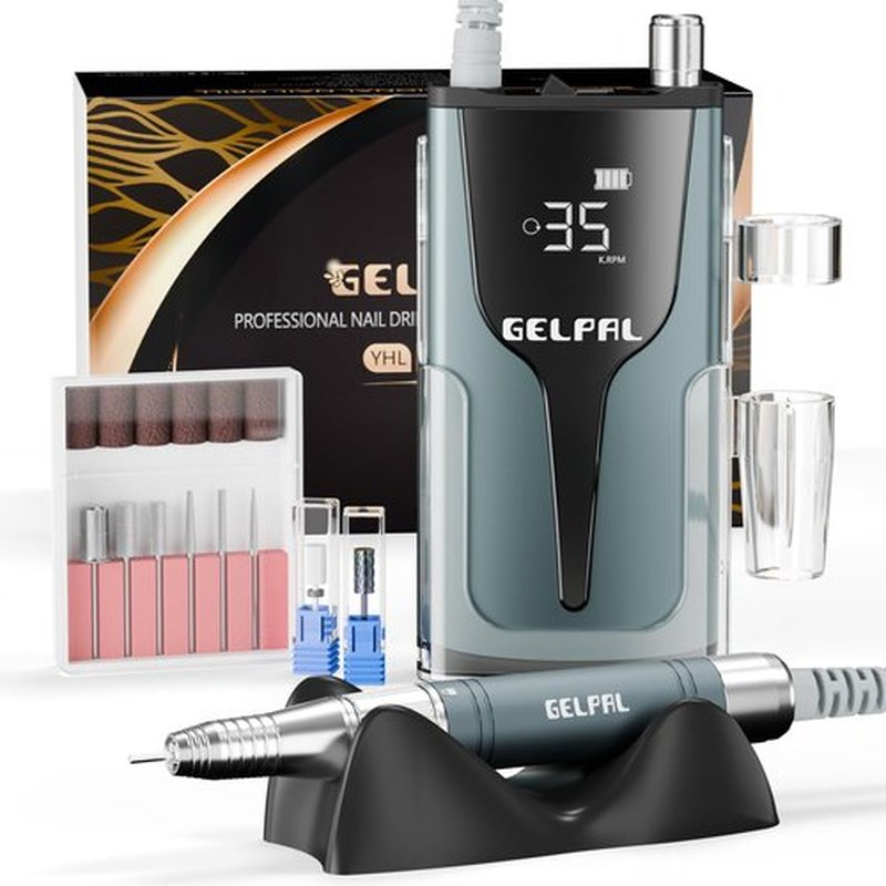 Gelpal Rechargeable Nail Drill - Brushless Motor - Electric Nail Drill for Acrylic Nails Professional,35000RPM Electric Nail File,Cordless for Home Salon, Low Noise, Low Heat, Blue Grey