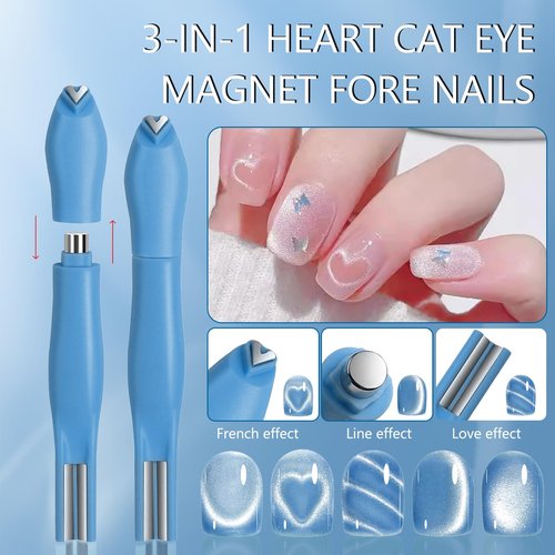JERCLITY 1 Pieces Blue Cat Eye Magnet for Nails 3 in 1 Heart Magnet for Cat Eye Gel Polish, Cylindrical Magnets with Scissor Shaped Tools for French Cat Eye Effect