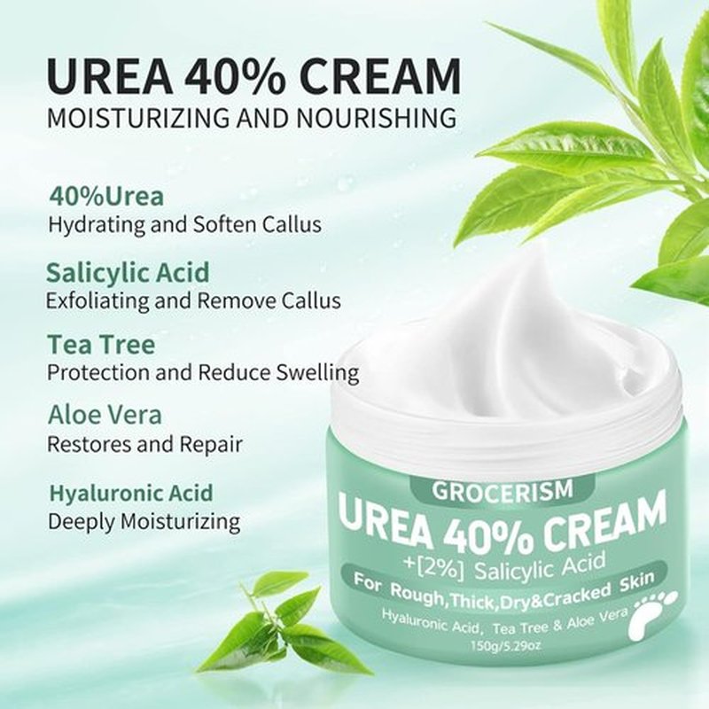 Grocerism Urea Cream 40% - Maximum Strength Foot & Hand Cream with Salicylic Acid, 5.29 oz | Deep Moisturizing Formula with Hyaluronic Acid, Tea Tree & Aloe Vera