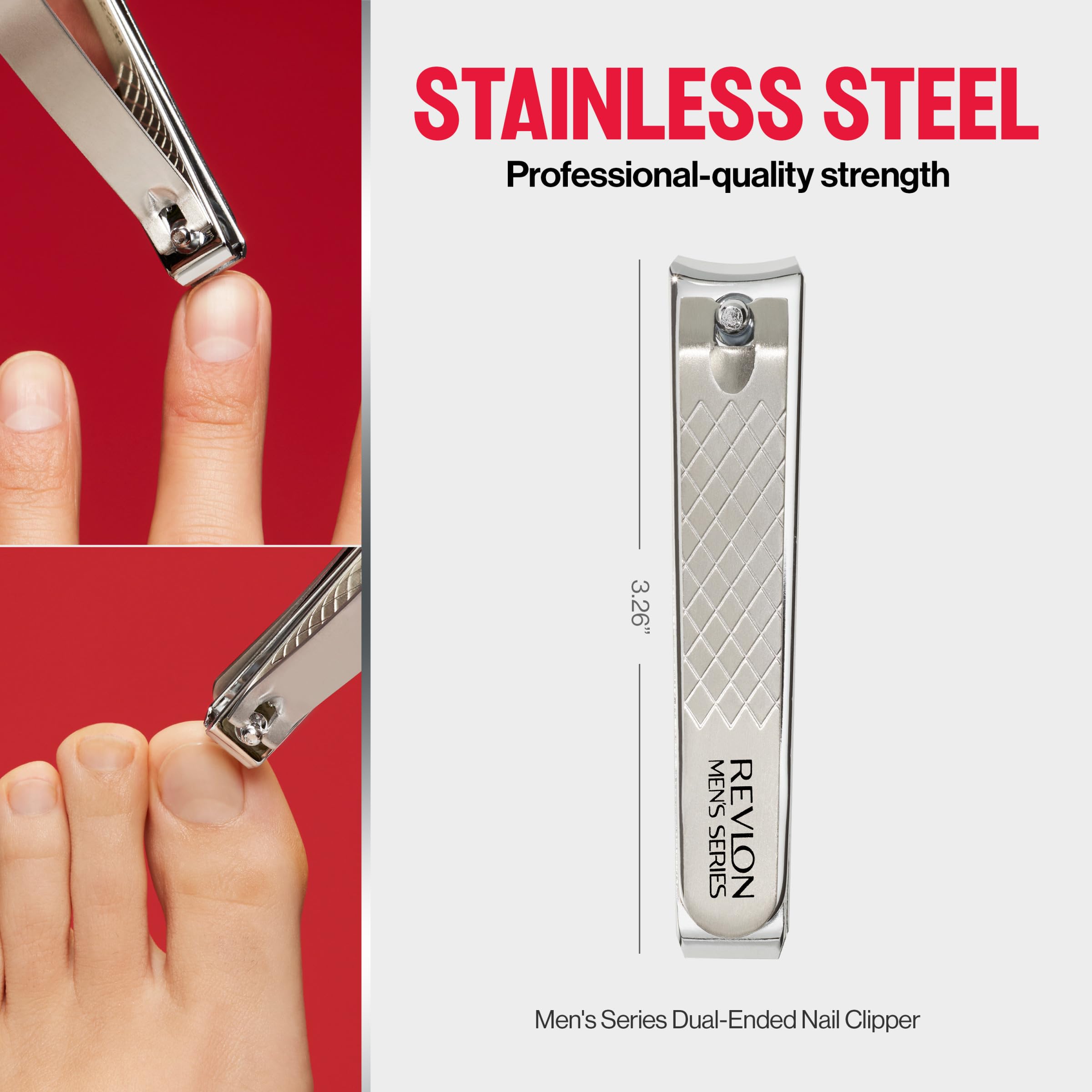 Revlon Dual-Ended Nail Clipper for Men, Straight and Curved Edges, for Fingernail and Toenail Trimming, Stainless Steel, 1 Count