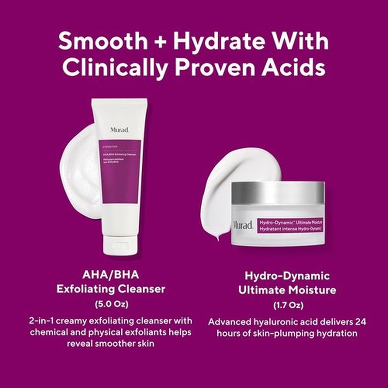 Murad Smooth + Hydrate Set | 2-Piece Full-Sized Exfoliating Acids for Dull Skin - AHA/BHA Cleanser 5.0 Fl Oz, Hydro-Dynamic Moisture 1.7 Fl Oz