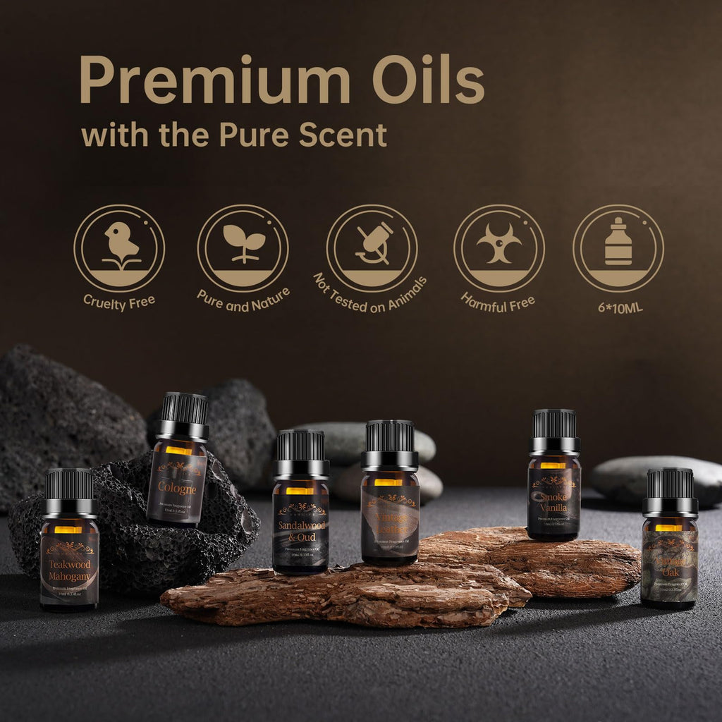 Men Essential Oils Set for Diffuser for Home, 6x10ml Masculine Fragrance Oils for Candle Making, Scented Oil Gift Set for Men, Mahogany, Sandalwood, Cologne, Smoke Vanilla, Leather