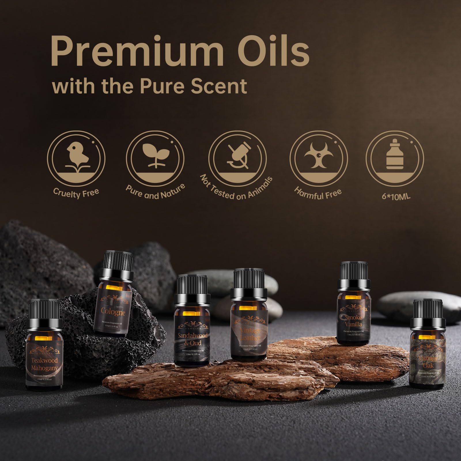 Men Essential Oils Set for Diffuser for Home, 6x10ml Masculine Fragrance Oils for Candle Making, Scented Oil Gift Set for Men, Mahogany, Sandalwood, Cologne, Smoke Vanilla, Leather