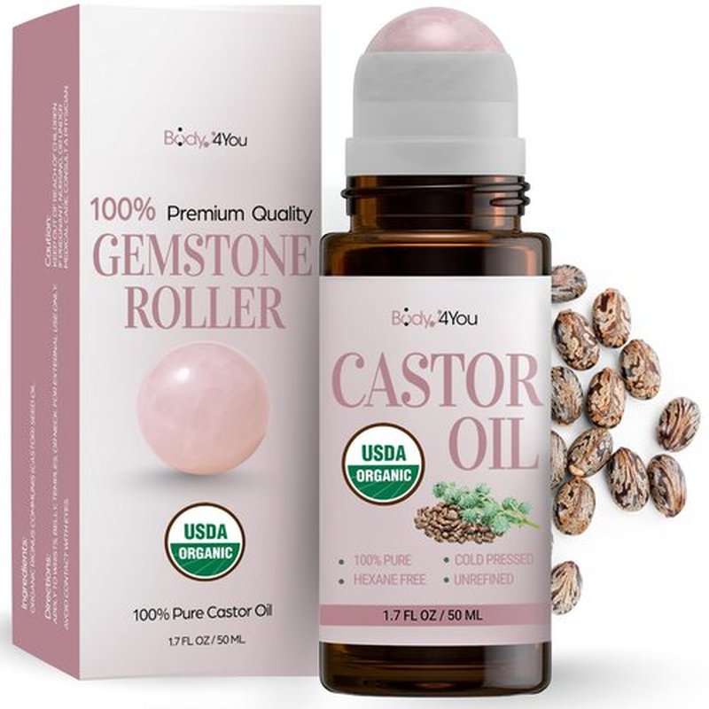 Castor Oil Roll On Eyelashes Eyebrows - 100% Pure Natural USDA Organic Cold Pressed - Hydrating Skin Hair Growth Oil Lashes - Non-GMO Hexane Free Unrefined - Natural Stone Roller Amber Glass 1.7 Fl Oz