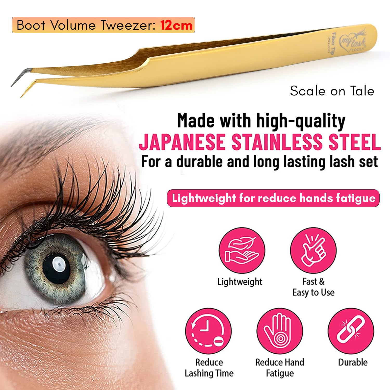 Fiber Tip Lash Tweezer 45 Degree Volume Tweezer – Precision Stainless Steel Eyelash Extension Tool, Professional Lash Applicator for Classic, Volume, Mega Volume Fans, Anti Slip Grip (Gold)