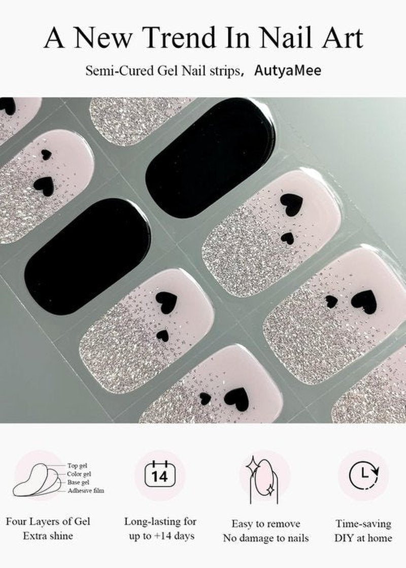 AutyaMee Semi Cured Gel Nail Strips (Black Love Heart), 20 Pcs Gel Nail Wraps, Stickers, UV Light Required, Salon Quality, Long Lasting, Valentines Day Gift