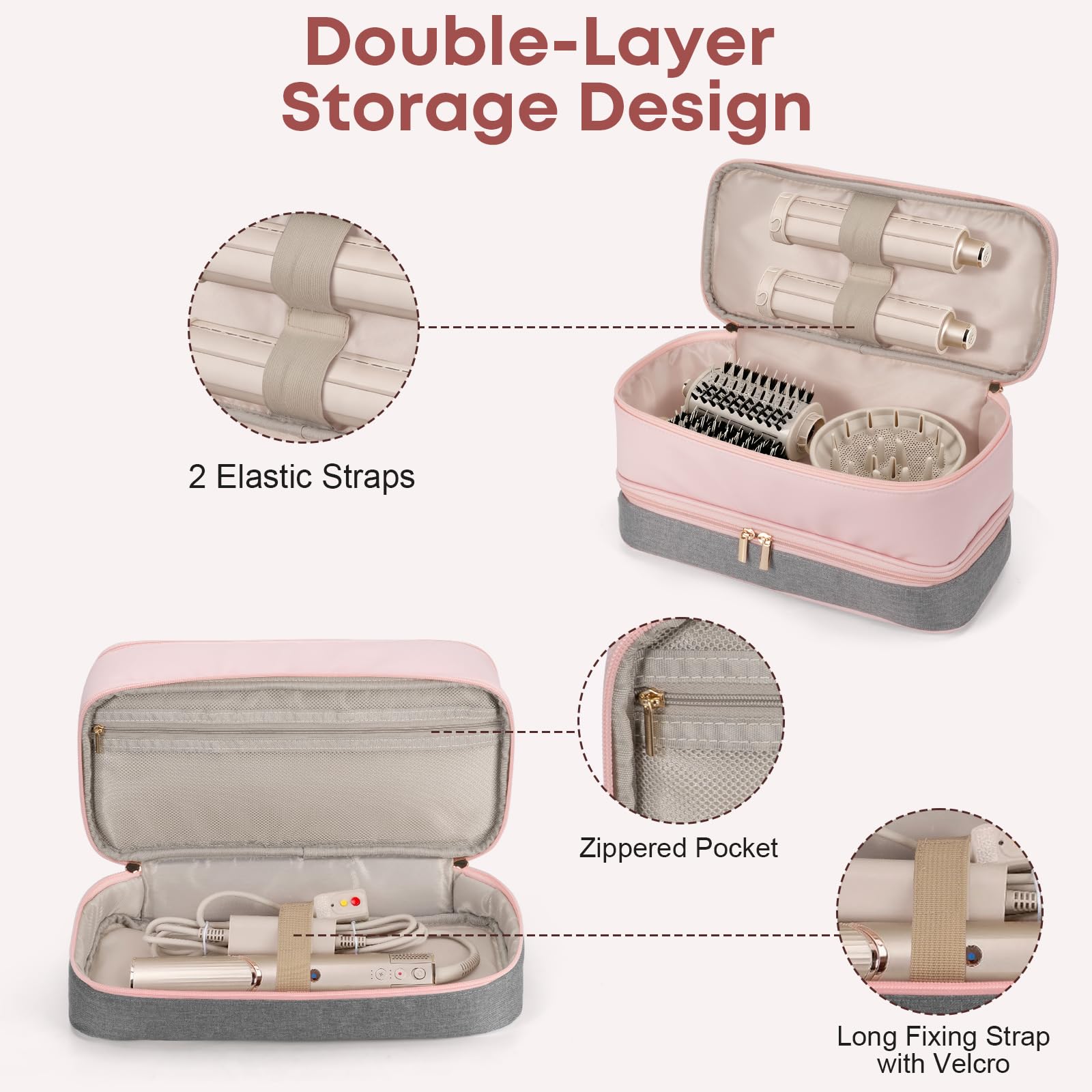 Travel Carrying Case for Shark Flexstyle FlexFusion Revlon Hair Dryer Airwrap, Portable Double Layer Shark Hair Tools Storage Organizer Bag for Airwrap Styler and Attachments, Pink Gray-Bag Only