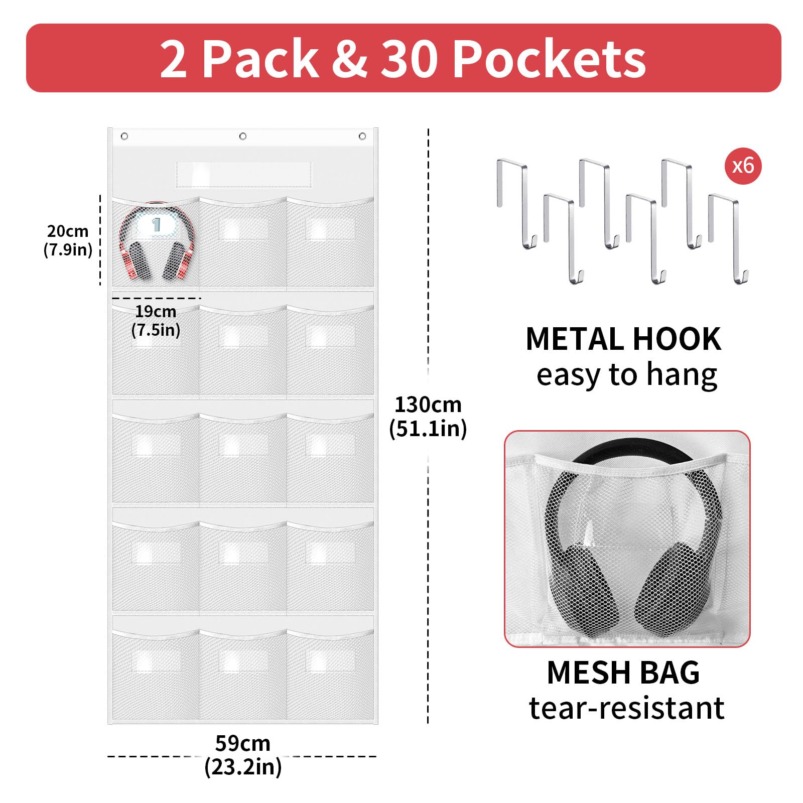 BOHEMIABY 2 Pcs Headphone Storage Classroom with 30 Durable Polyester Mesh Pockets, Door Hanging Headphone Holder for Classroom Library, Headphone Organizer with 122 Reusable Card & 6 Hooks